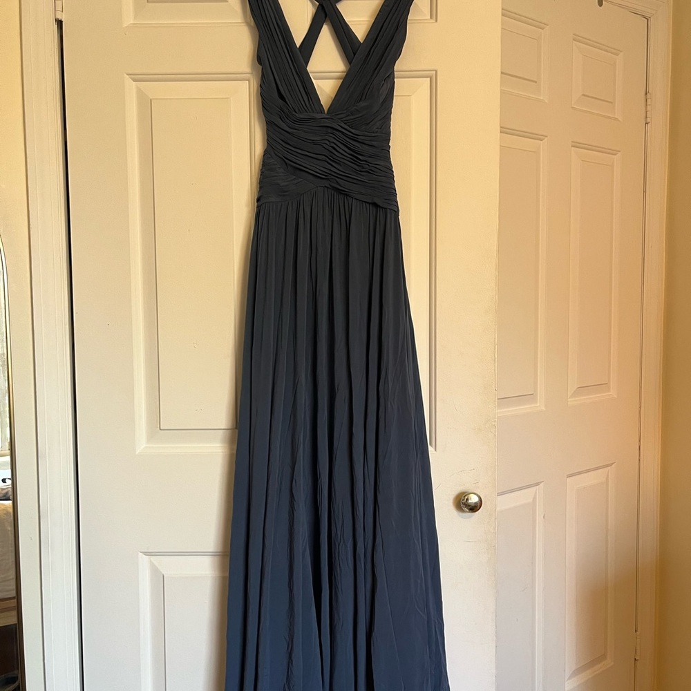 BCBGMaxAzria Blue Ruched Open Back Halter Gown